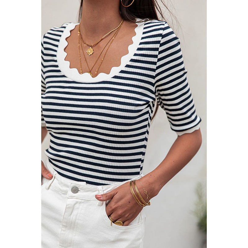 Striped Short Sleeved Wave Neck Slim Pullover Sweater Top