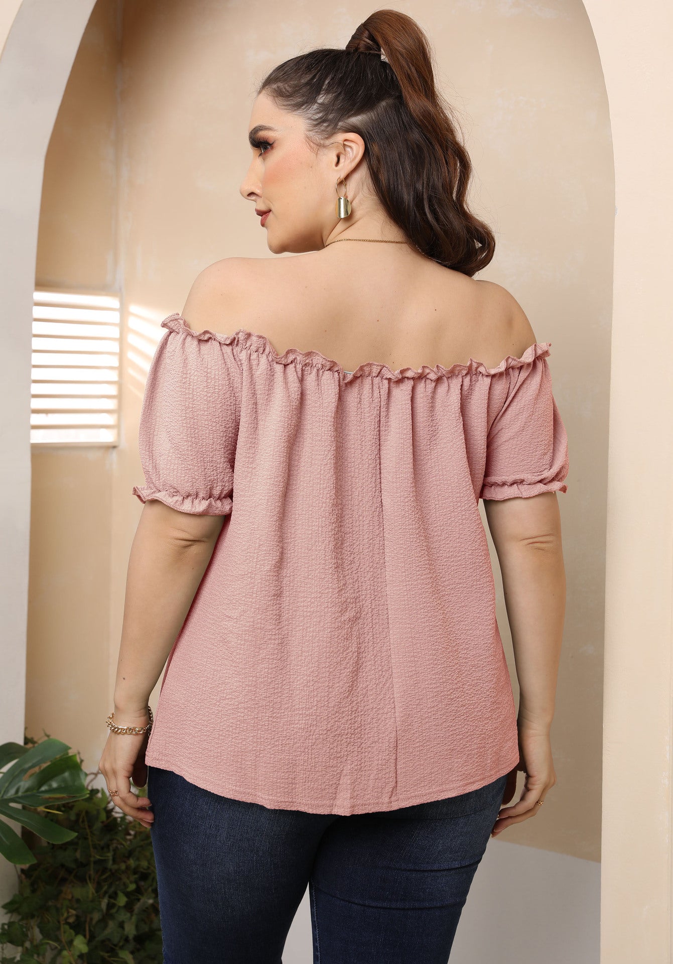 Plus Size Ruffled off-Shoulder Sexy Casual Sweet Short-Sleeved Top