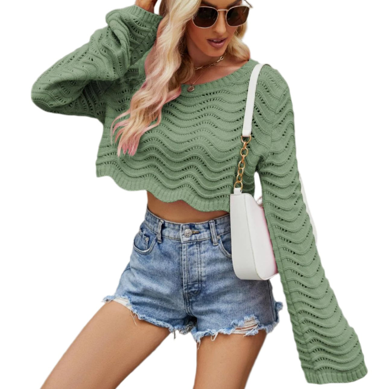 Hollow Cutout Wave Pattern Short Pullover Sweater