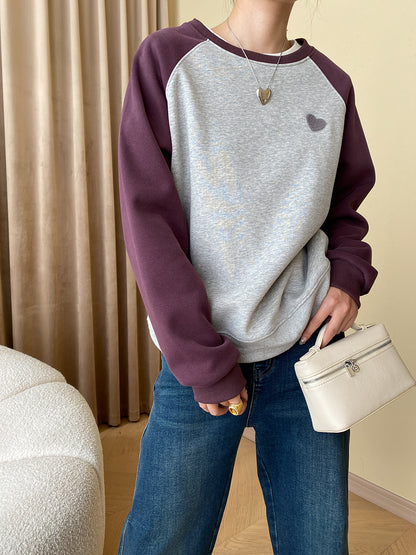 Casual Raglan Love Embroidered Crew Neck Loose Fitting Fleece Pullover