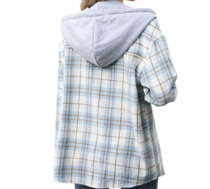 Plaid Contrast Color Hooded Woolen Coat