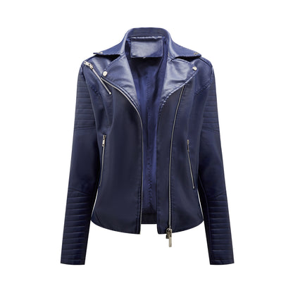 European Leather Collared Motorcycle Oblique Zipper Jacket