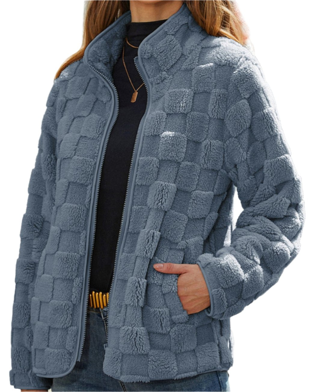 Autumn Winter Long Sleeve Zipper Plaid Plush Coat