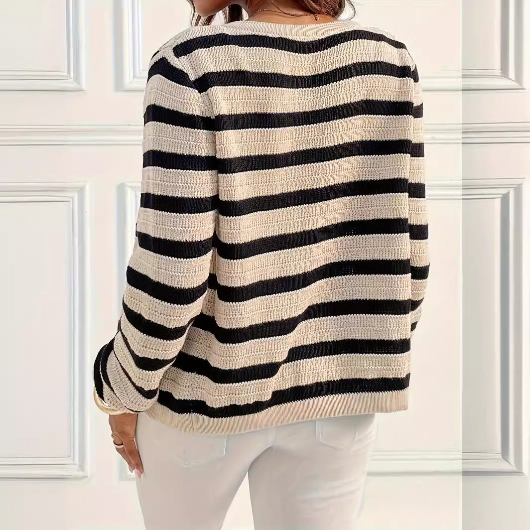 Striped Knitted Button Round Neck Cardigan