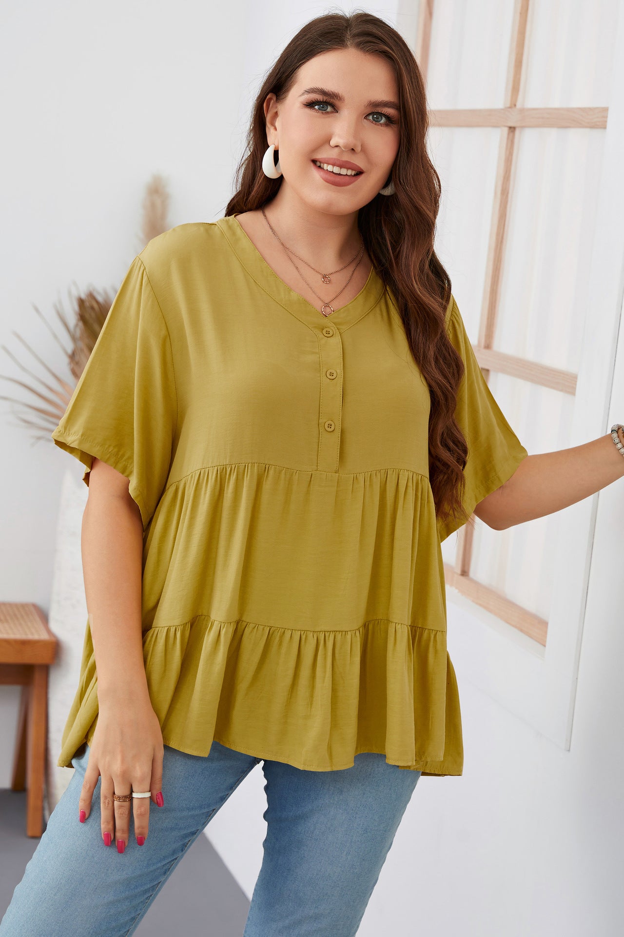 Plus Size Short Sleeve Fluffy Shirt Loose Top