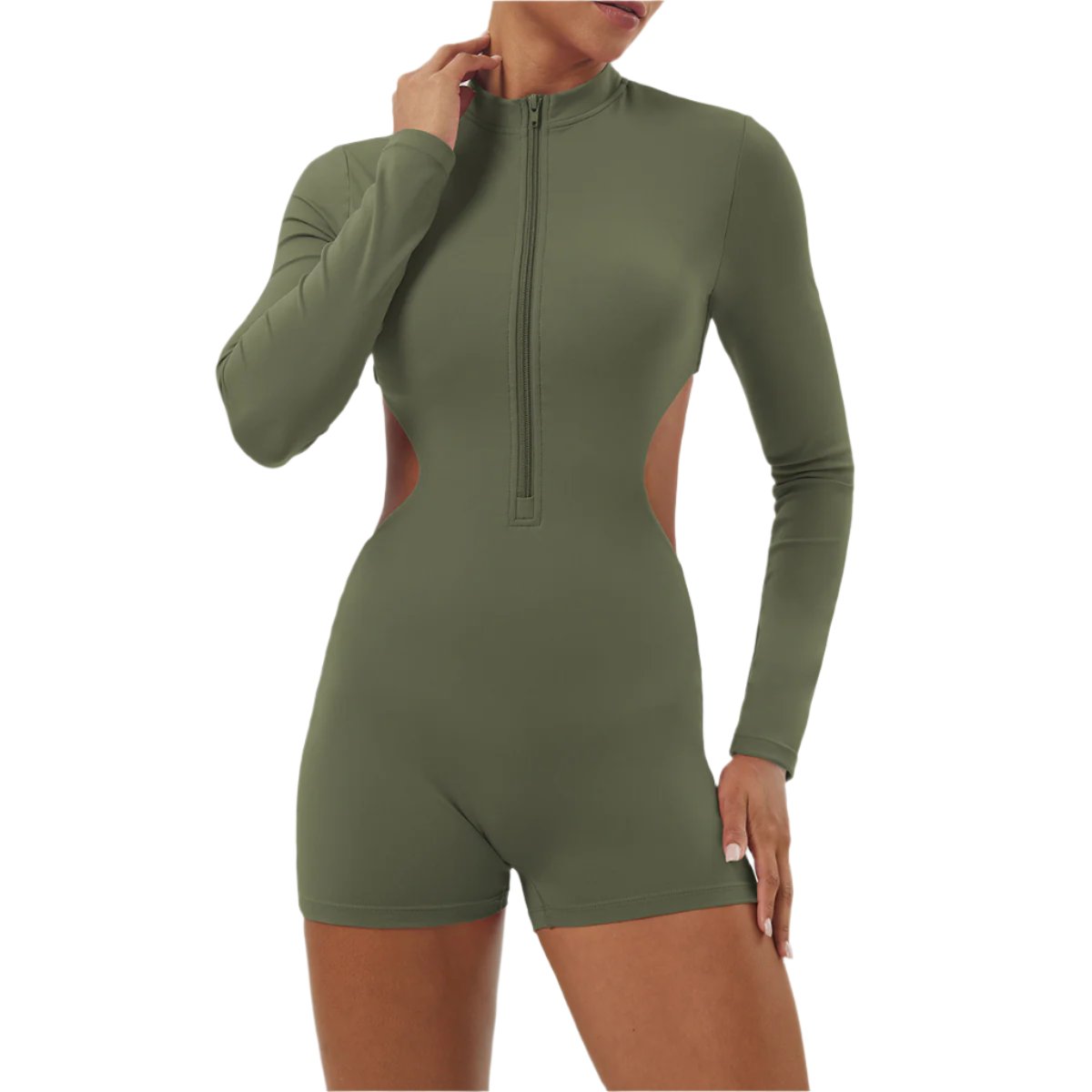 Cinched Long Sleeved Yoga Half Zip Workout Romper