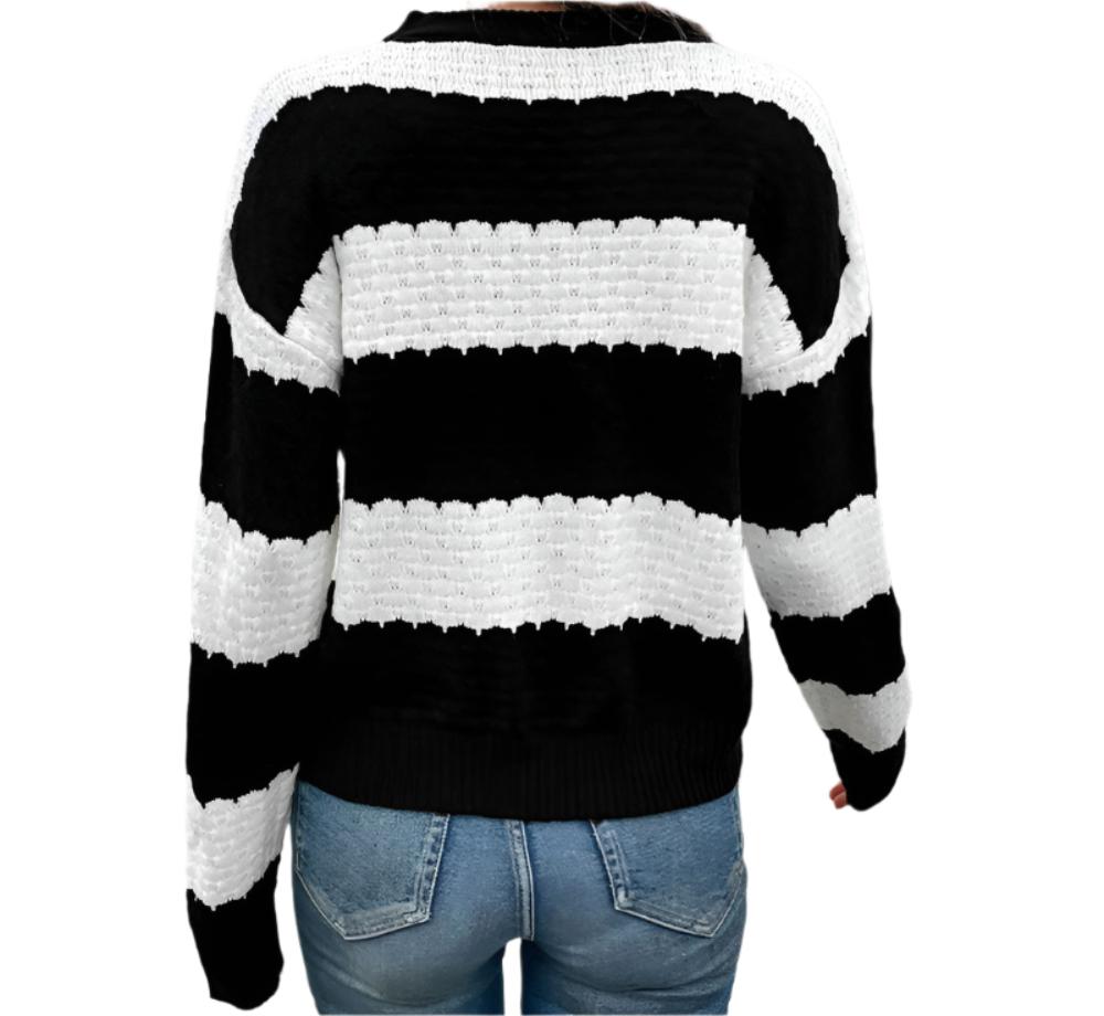 Knitted Long Sleeve Black White Sweater