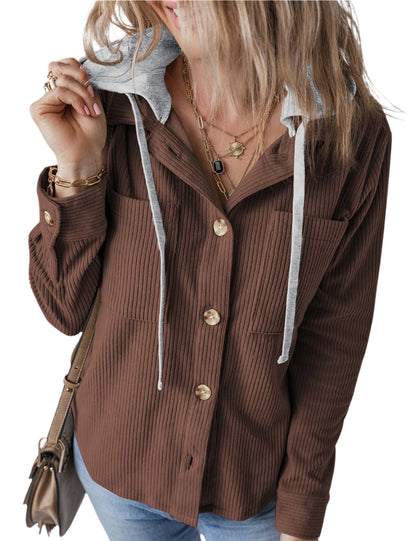 Pouch Hooded Drawstring Striped Coat