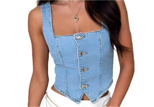 Denim Small Vest Breasted Shoulder Strap Solid Color Sling Top