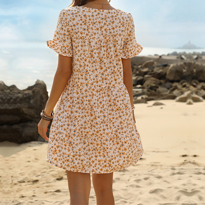 Short Sleeve Ruffled Printed Dress