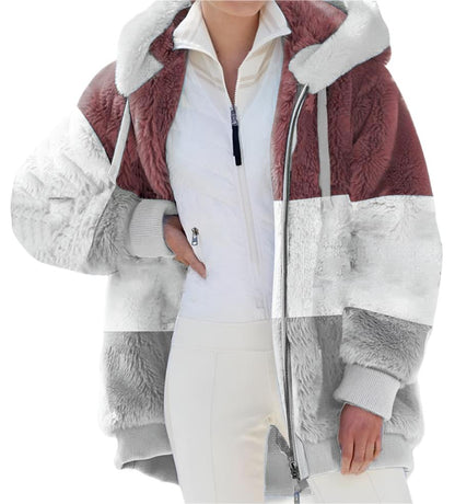 Warm Plush Patchwork Zipper Pocket Hooded Loose Coat