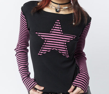 Five Pointed Star Stripes Long Sleeve T-shirt Top