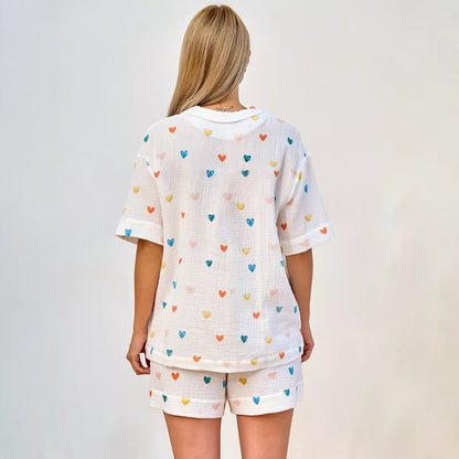 Short Sleeved Colored Loving Heart Cotton Pajamas