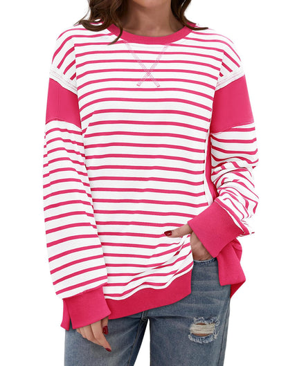 Multicolor Hoodie Striped Color Contrast Long Sleeve Pullover Sweater