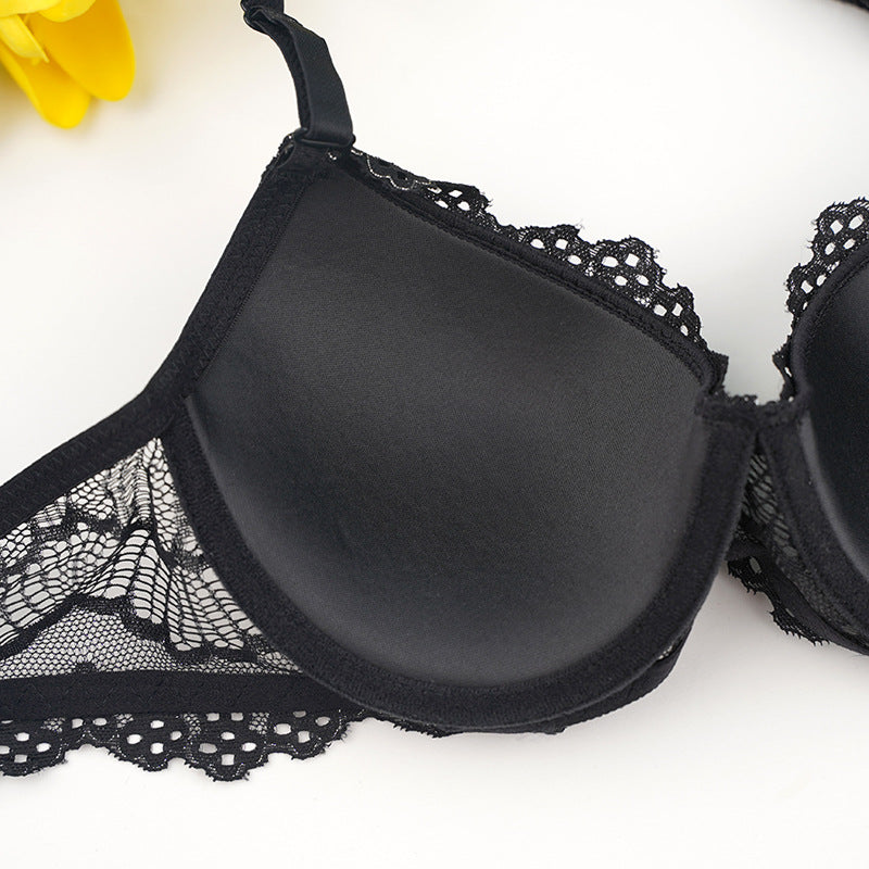 Lace Floral Gold Silk Black with Steel Ring Bra Set