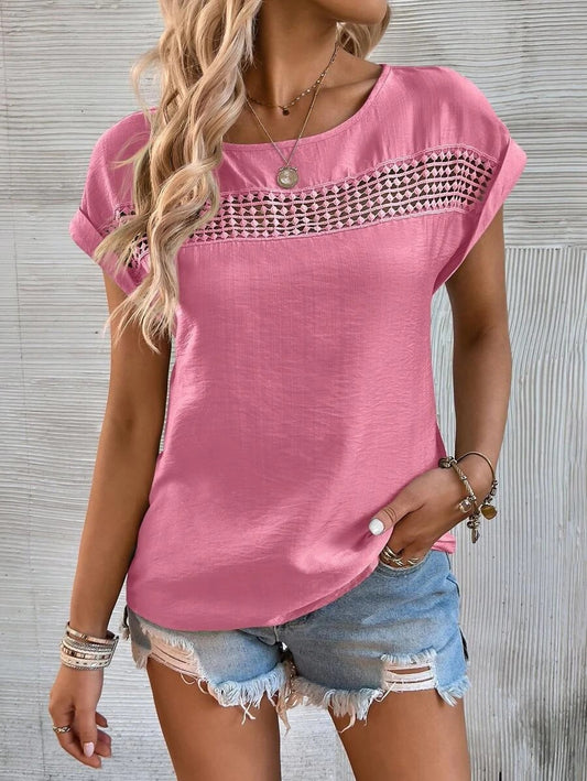 Summer Casual Solid Color Stitching Lace Short Sleeve Top