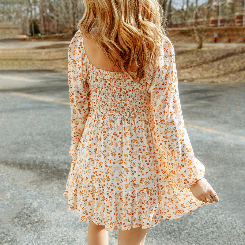 Sweet Puff Sleeve Floral Long Sleeve Dress