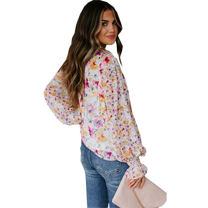 Floral Chiffon Lantern Sleeves Blouse