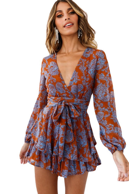 Floral Printed V-neck Long-Sleeved Romper