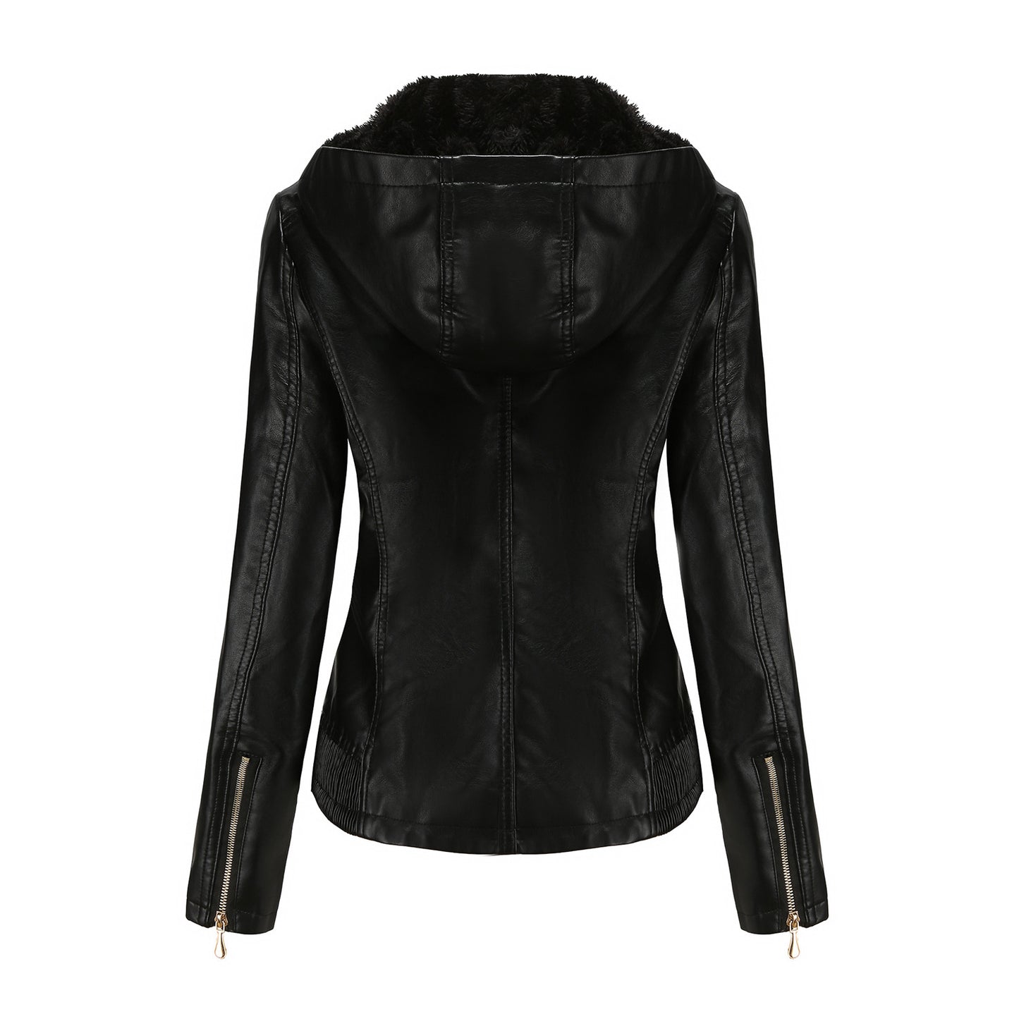 Hooded Leather Detachable Hat Long Sleeve Zipper Fleece-Lined Leather Jacket