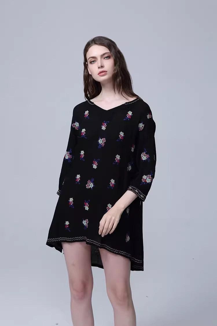 Embroidered V Neck Cropped Sleeve Doll Dress - Tamra.Shop.Social