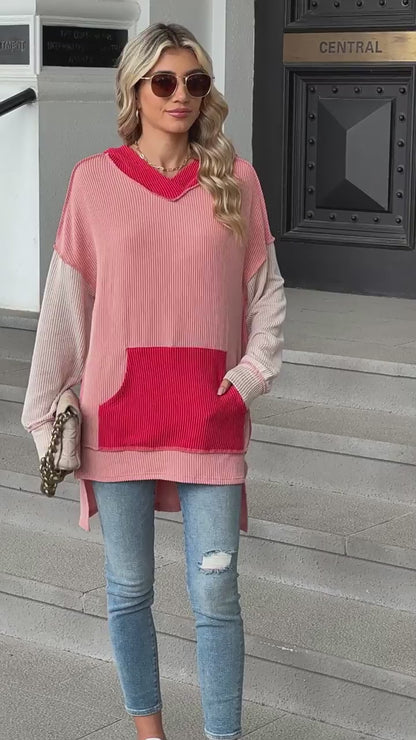 Contrast Color Pocket Long Sleeve Loose Hooded Sweater