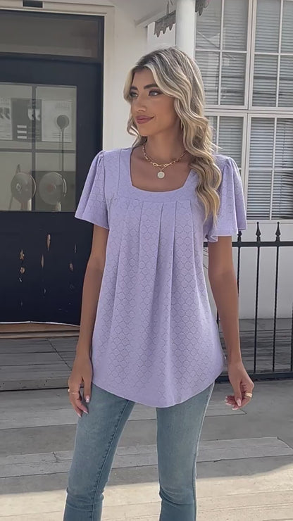 Square Collar Pleated Short Sleeve Loose Fitting Top