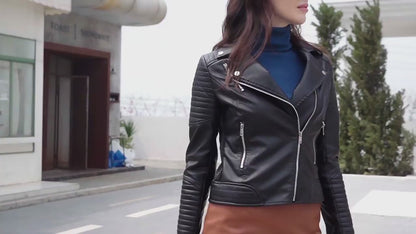 European Leather Collared Motorcycle Oblique Zipper Jacket