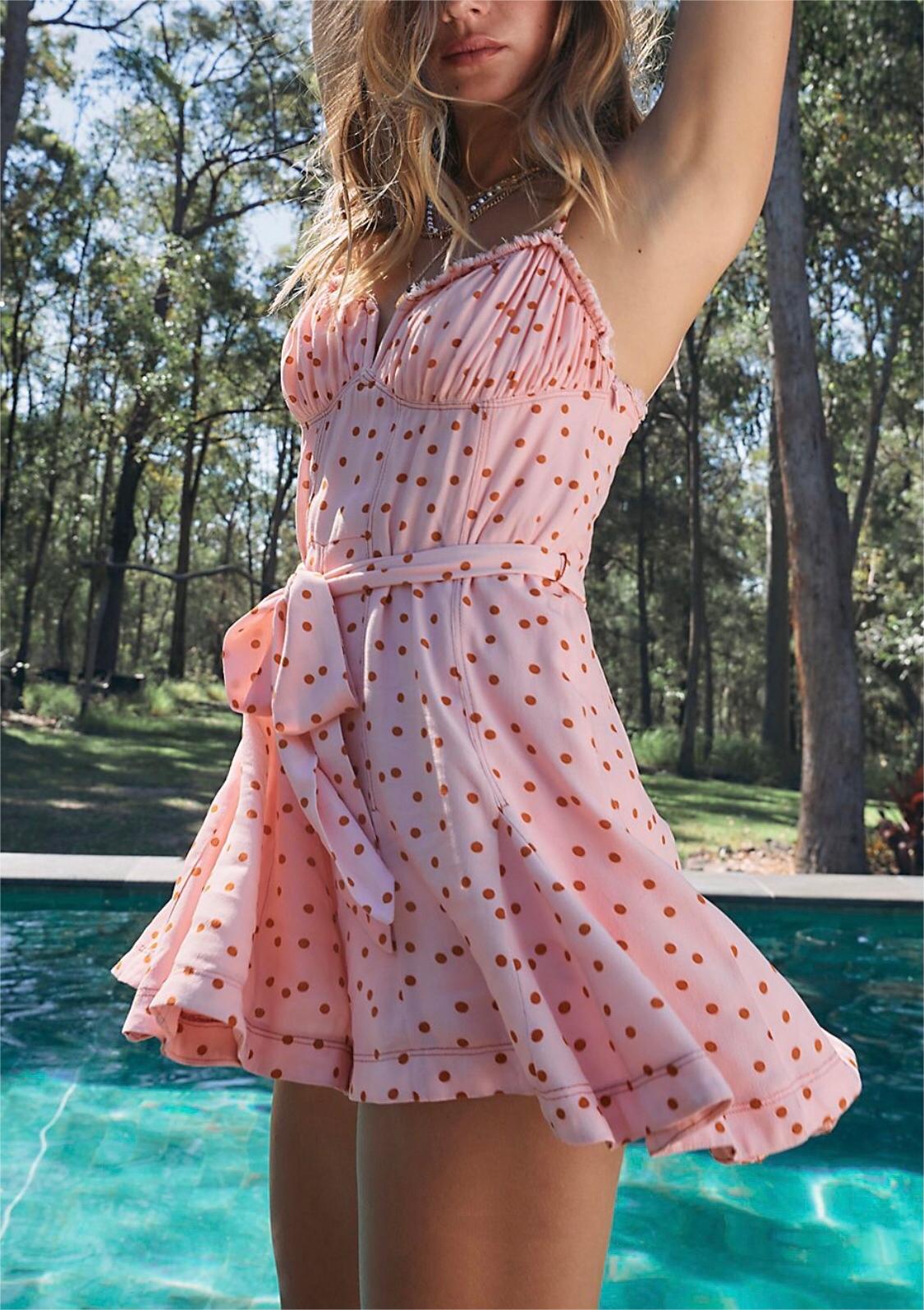 Spring Pink Polka Dot Lace up Backless Romper