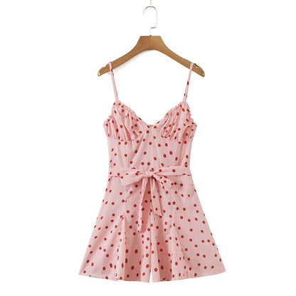 Spring Pink Polka Dot Lace up Backless Romper