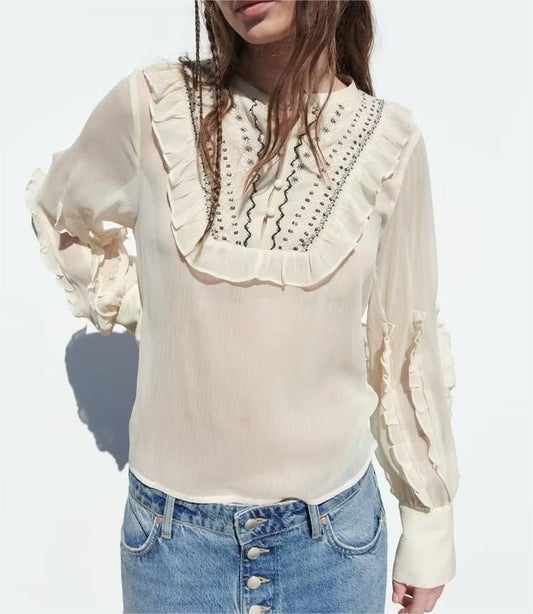 Long Sleeved Round Neck Translucent Loose Embroidered Shirt - tamrashopsocial