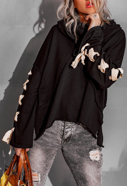 Lace up Design Sleeves Hooded Pile Collar Sweater