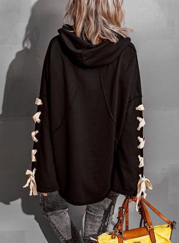 Lace up Design Sleeves Hooded Pile Collar Sweater