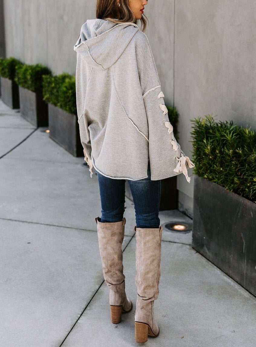 Lace up Design Sleeves Hooded Pile Collar Sweater