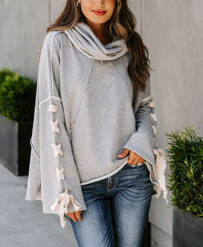 Lace up Design Sleeves Hooded Pile Collar Sweater