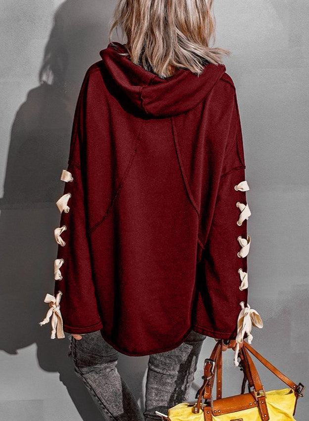 Lace up Design Sleeves Hooded Pile Collar Sweater