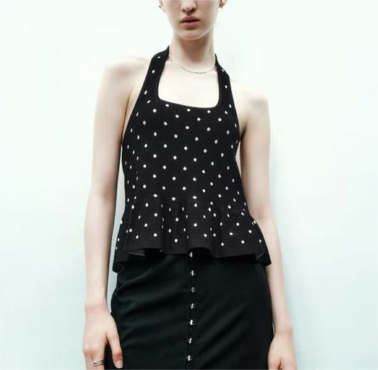 Polka Dot Halter Ruffled Skinny Knitted Top - Tamra.Shop.Social