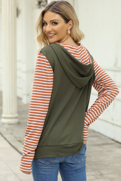 Striped Patchwork Hoodie Casual Half Zipper Pullover