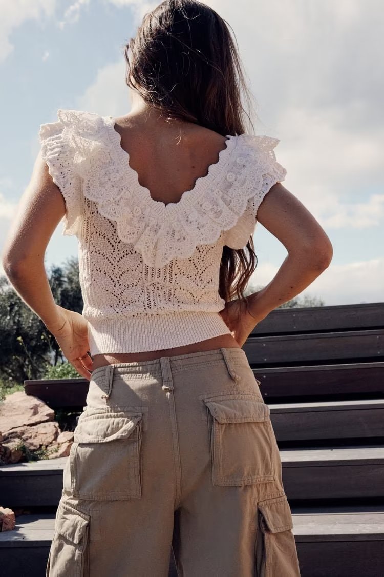 Lace Ruffled Hollow Out Cutout Camisole Top