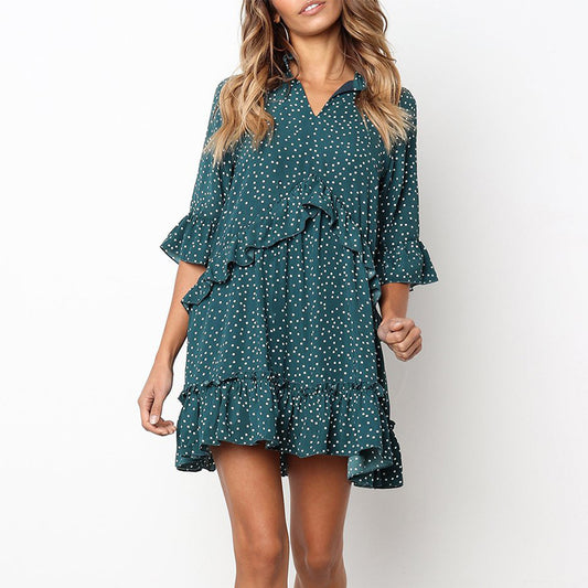 Spring Wear Loose Casual Ruffled Polka Dot Print Dress