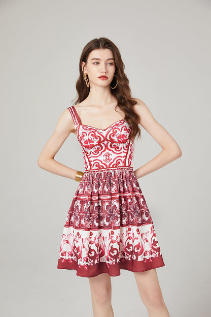 Printed Stitching Slim-fit High Waist Strap A-Line Dress - tamrashopsocial