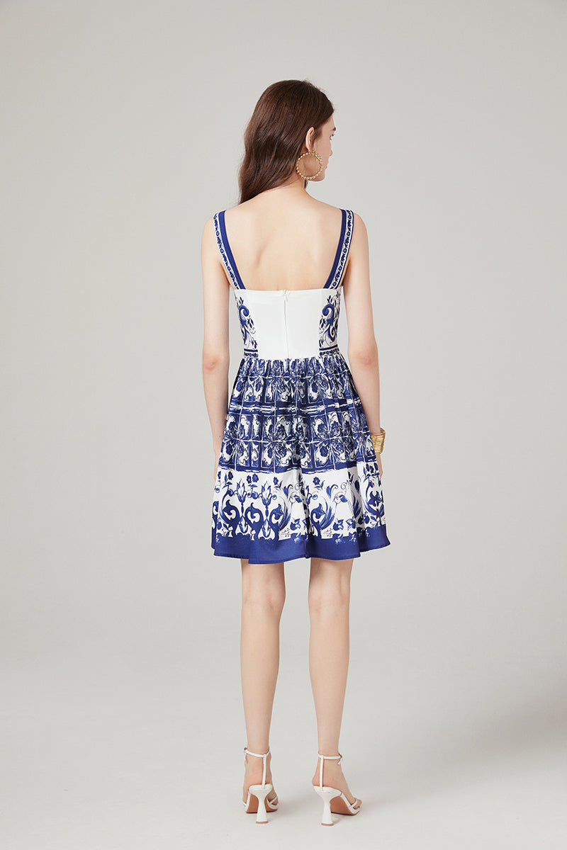 Printed Stitching Slim-fit High Waist Strap A-Line Dress - tamrashopsocial