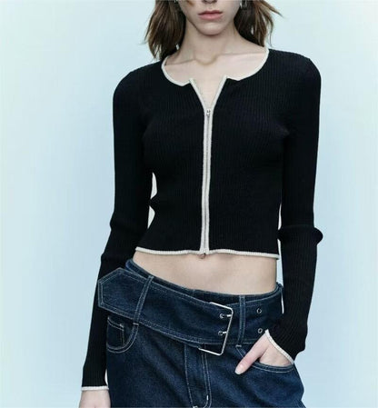 Contrast Color Patchwork round Neck Short Zipper Sweater - Tamra.Shop.Social