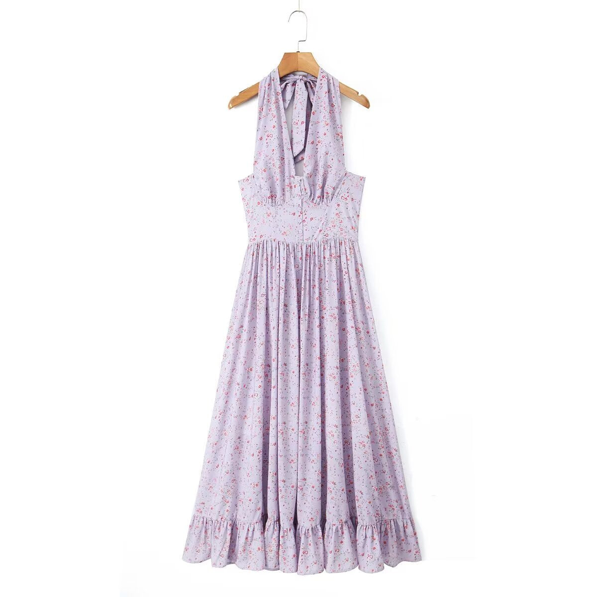 Spring Summer French Girl Purple Floral Halter Dress