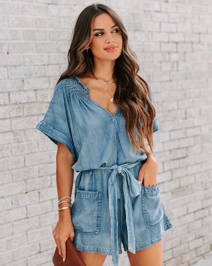 Denim Washed Worn Loose Romper