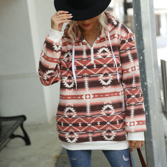 Aztec Hooded Pullover Fleece Lined Long Sleeve Sweater