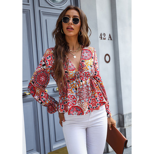 Fresh Printing V-neck Long Sleeve Baby doll Top