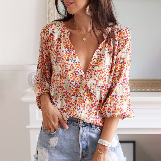 Floral Print Low V-Neck Shirt - tamrashopsocial