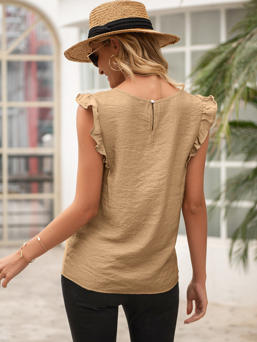 Summer Simple Elegant Ruffle Sleeve Round Neck Short Sleeve Top