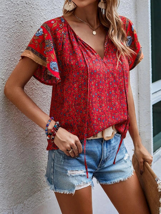 Summer Casual National Printed V-Neck Short Sleeve Loose Shirt